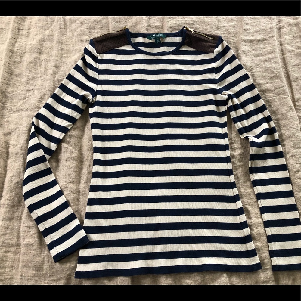 LAUREN Ralph Lauren Womens S Navy stripe SHIRT Rib Jersey Knit